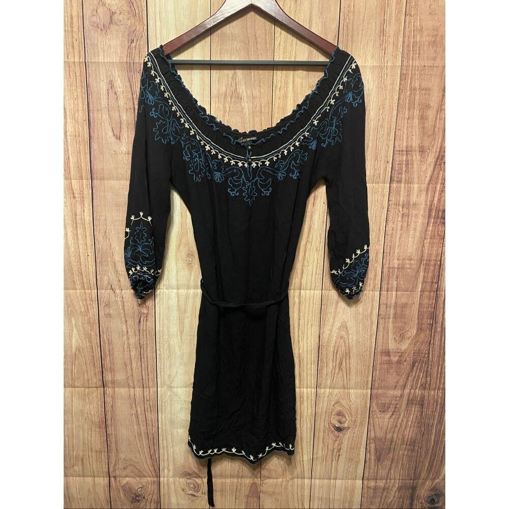 Lucky Brand Medium embroidered off-shoulder dress black blue peasant style